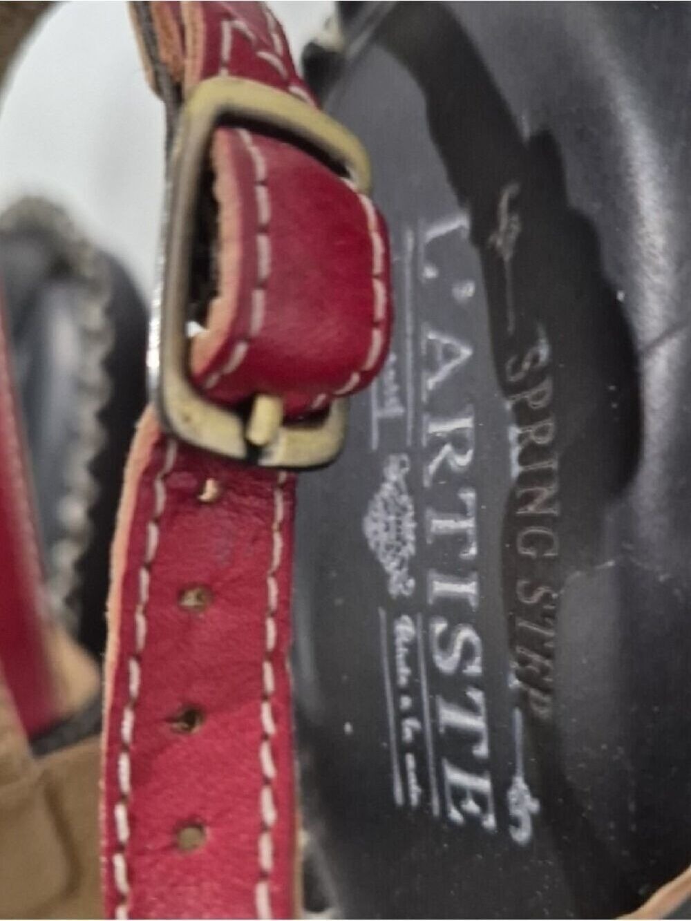 L'artiste Red and Black Stud Accent Leather Slingback Sandals - Picture 6 of 15